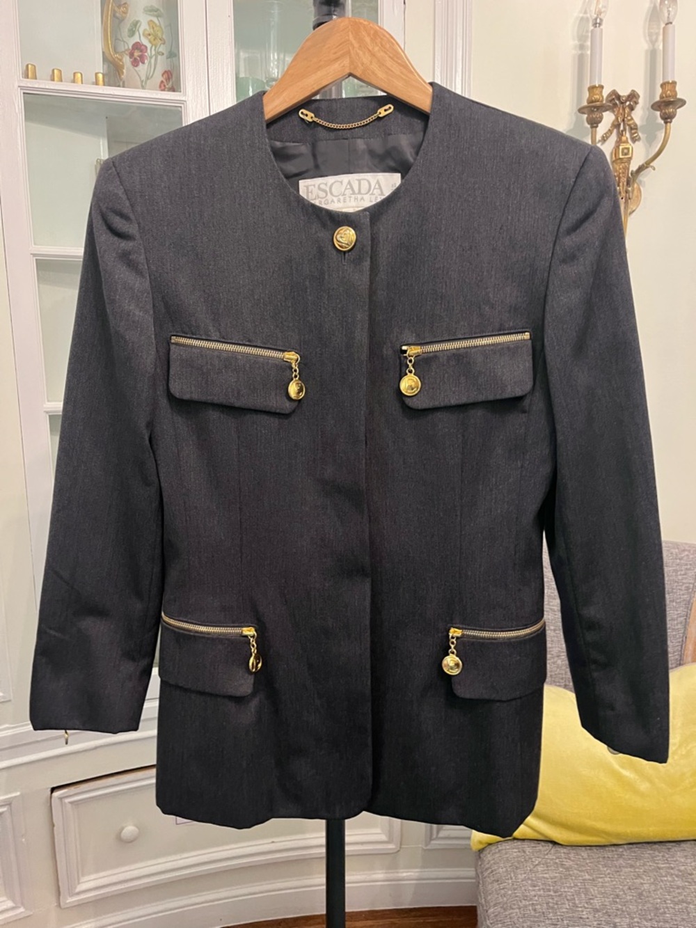Escada Black Collarless Blazer with Gold Zipper Accents